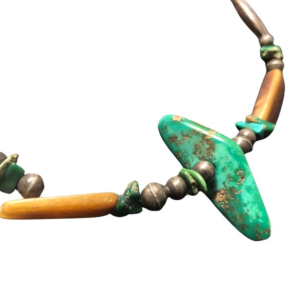 Vintage Navajo Bench beads sterling silver turquoise coral bone? Necklace - Picture 4 of 12